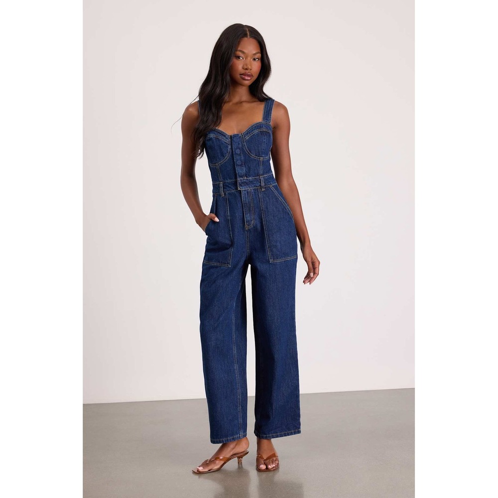 NWT Lulus XS Fresh Perfection Dark Wash Bustier Sleeveless Denim Jumpsuit Blue